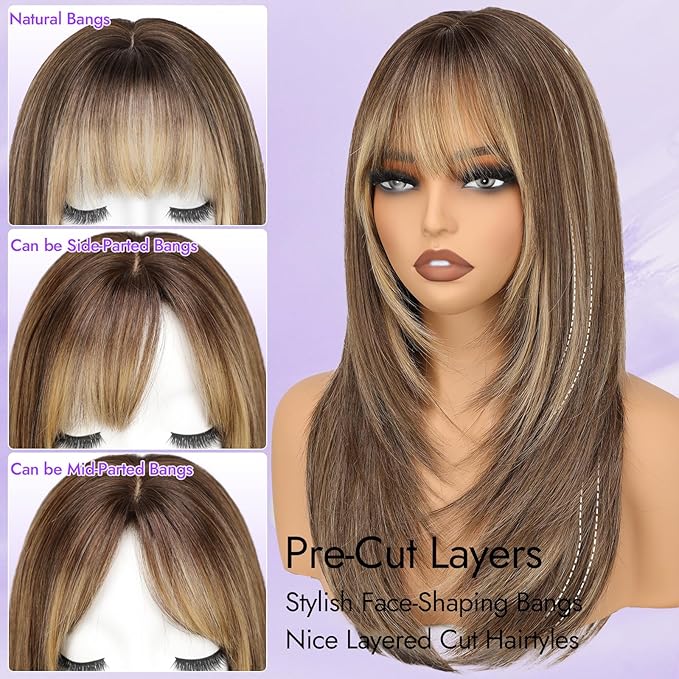 Wig with Bangs for Women Ash Blonde with Silver Highlights-Dark Roots Straight Face-Framing Layers Hairstyle 4x4 Realistic Scalp Glueless Synthetic Wigs Medium Length for Everyday Use