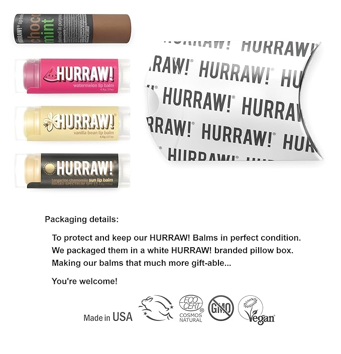 Hurraw! Lip Balms: Staff Favorites, 4 Balm Bundle Pack – Chocolate Mint, Watermelon, Vanilla Bean and Sun (SPF 15): Organic, Certified Vegan. 100% Natural Ingredients. Bee, Shea, Soy and Palm Free.