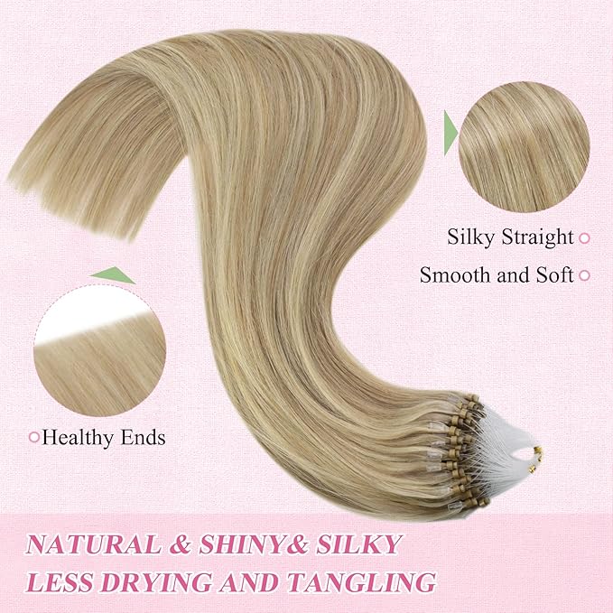 YoungSee Micro Bead Hair Extensions Real Human Hair Blonde Micro Loop Hair Extensions Real Human Hair Golden Blonde Highlighted Beaded Hair Extension 14In 50g 50s Pre Bonded Hair for Short Hair