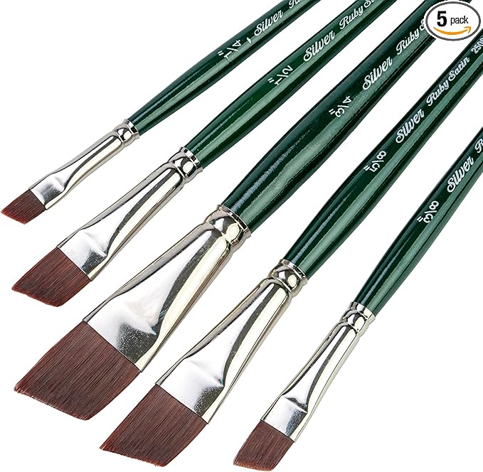 Silver Brush Limited RS-2551S Ruby Satin Short Handle Angle Brushes with Stiff & Flexible Synthetic Bristles, 5pc Professional Painting Set for Oil and Acrylic, Size 1/4, 3/8, 1/2, 5/8, and 3/4 Inch