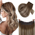 RUNATURE Invisible Wire Hair Extensions Real Human Hair Brown Balayage, 16 Inch 80g One Piece，Soft Natural Looking for Dating, Easy to Install #3/8/22 Walnut Brown to Light Brown with Blonde