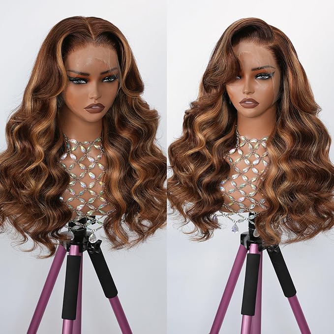 Body Wave Lace Front Wig 4/27 Honey Blonde Highlight Ombre Pre plucked Bleached Knots 13x4 Full Frontal Lace Wig Human Hair Skinlike HD Lace Invisible 0.10mm Ultra-Thin 100% Real Human Hair