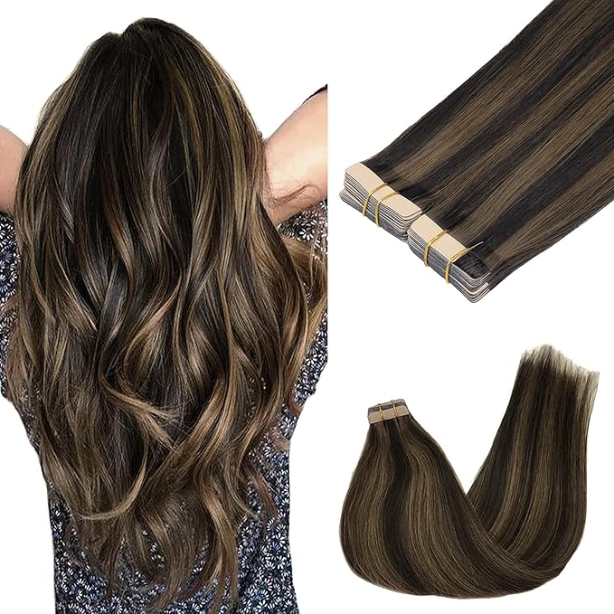 GOO GOO Tape in Hair Extensions Human Hair, 2/6 Dark Brown Highlighted Chestnut Brown, 18inch 100g 40pcs, Skin Weft Seamless Invisible, Silky Straight with Thick Ends, Remy Human Hair