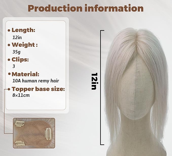 8x11cm Breathable Hair Topper, 12 inches 35g 120% Density Real Human Hair, 3 Non-Slip BB Clips, Wearable on Left, Right & Middle Part, Versatile Styling for Hair Loss & Volume Boost (Grey)