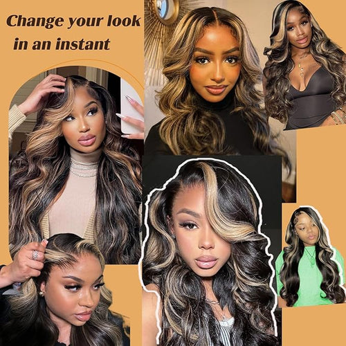 32 Inch Balayage Highlight Ombre Lace Front Wig Human Hair Honey Blonde 13x6 Body Wave HD Lace Front Wigs Human Hair Pre Plucked 200 Density 1b/27 Colored Lace Frontal Glueless Wigs for Women