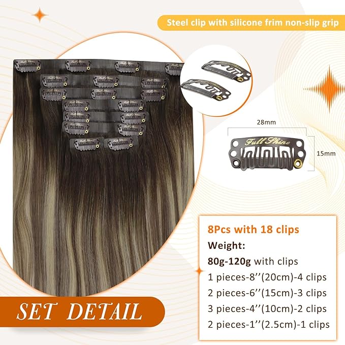 Full Shine Ombre Clip in Hair Extensions Human Hair Light Blonde Mix Light Brown Seamless Human Hair Clip in Extension for Short Hair Thick Ends 12 Inch 8 PCS 95 G