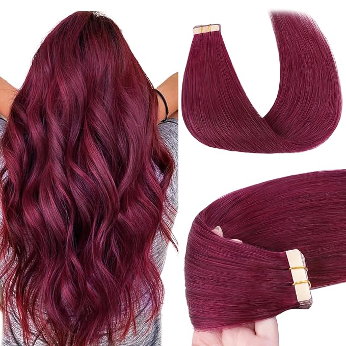 GOO GOO Tape in Hair Extensions Human Hair, Burgundy, 20inch 50g 20pcs, Skin Weft Seamless Invisible, Silky Straight with Thick Ends, Remy Human Hair