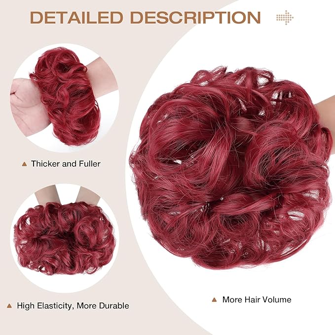 Messy Bun Hair Piece Wavy Curly Scrunchies Fluffy Donut Thick Updo Elegant Chignon Hairpieces for Women Girls, Dark Red 1.4oz