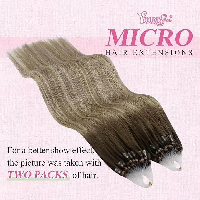YoungSee Micro Link Hair Extensions Human Hair Balayage Micro Bead Hair Extensions Real Human Hair Brown Ombre Blonde Micro-Ring Hair Extension 14In Bead Hair Extension for Short Hair 50s/50g