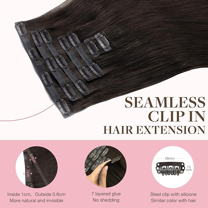 GOO GOO Clip in Hair Extensions Real Human Hair, Remy Human Hair Extensions Clip ins for Women, Natural Human Hair, 16inch 110g 7Pcs, 2A Light Brown