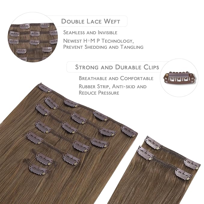 WENNALIFE Clip in Hair Extensions, 150g 22 Inch 9pcs Light Ash Brown Human Hair Extensions Thicker Clip in Hair Extensions Real Human Hair Clip Set Double Weft