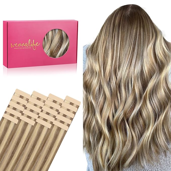 WENNALIFE Tape in Hair Extensions Human Hair, 20pcs 50g 14 inch Ash Brown with Platinum Blonde Highlights Remy Hair Extensions Straight Human Hair Tape in Extensions Skin Weft Tape Extensions