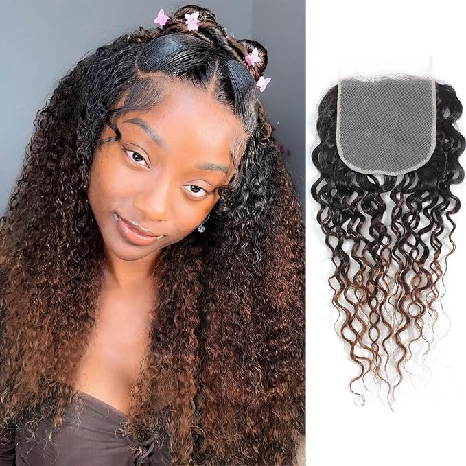 T1B/2/30 Ombre Water Wave 5x5 Lace Closure 100% Real Human Hair 14 Inch Chestnut Brown Ombre Water Wave Transparent Lace Closure
