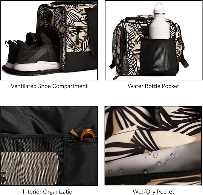 Vooray 22L Boost Duffel Bag – Small Travel & Sports Gym Bag for Women and Men with Shoe Pocket, Weekender for Overnight Football, Travel, Hospital Stays or Workout, Textured Leaves