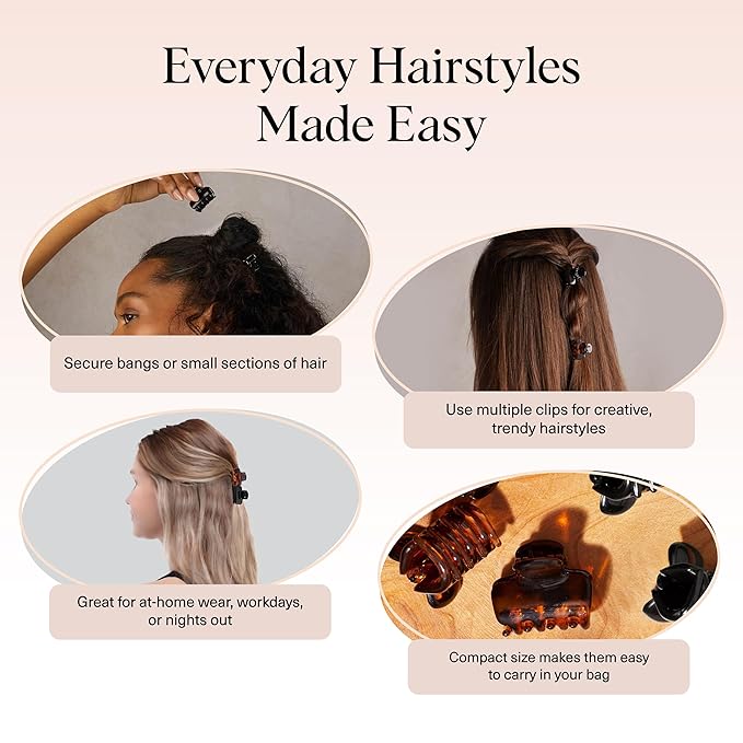Kitsch Small Hair Clips for Women - Stays In Place Without Pulling or Snagging | Durable Plastic, Sturdy Small Claw Clips | Ideal Gifts for Women - Black & Tortoise, 6 Pcs