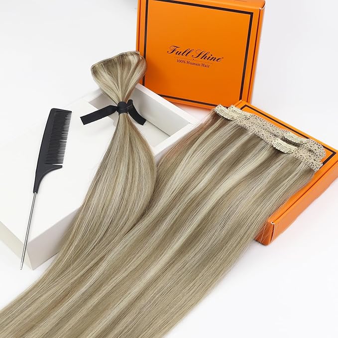 Full Shine Real Hair Extensions Clip in Human Hair Double Weft Blonde Human Hair Extensions Brown with Blonde Highlights Clip in Human Hair Remy Straight Hair 14 Inch 3 PCS 60 Grams