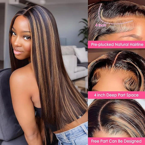 32 Inch Highlight Ombre Lace Front Wig Human Hair Straight Wigs Human Hair 13x4 Pre Plucked 1B/30 Black with Brown Highlight Wig 200% Density Colored Glueless Wigs for Women