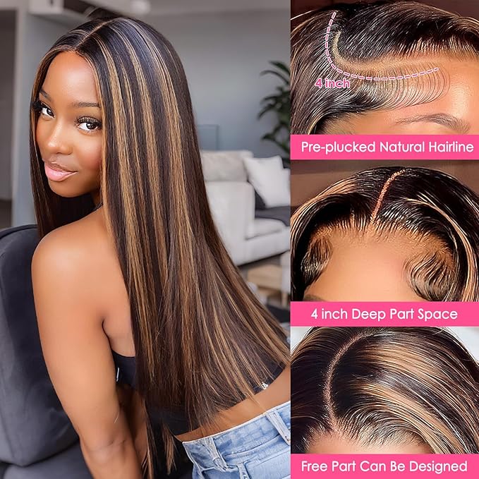 Highlight Wig Human Hair Straight Lace Front Wigs Human Hair Pre Plucked 13x4 Ombre Lace Front Wig Human Hair for Women 1B/30 Black with Brown Balayage Glueless Wigs Human Hair 200% Density 22 Inch