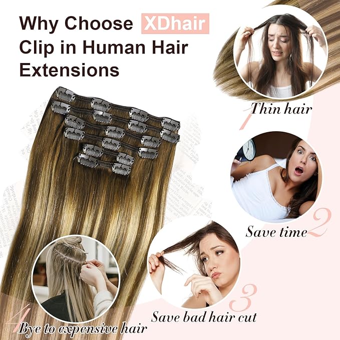 XDhair Clip-in Hair Extensions 120g18 Inch Balayage Chocolate Brown to Caramel Blonde Real Human Hair Extensions Clip in Human Hair Double Weft 6pcs (18inch, #4/27/4)