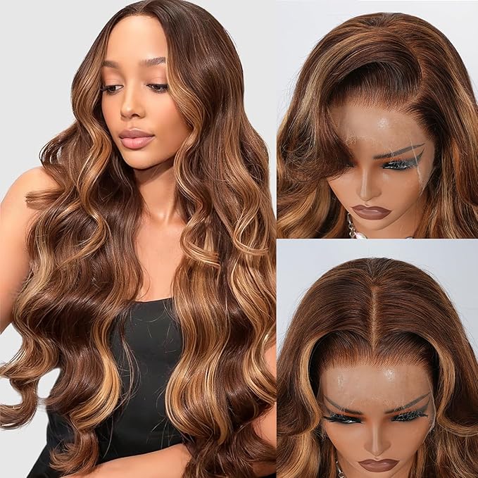 Body Wave Lace Front Wig 4/27 Honey Blonde Highlight Ombre Pre plucked Bleached Knots 13x4 Full Frontal Lace Wig Human Hair Skinlike HD Lace Invisible 0.10mm Ultra-Thin 100% Real Human Hair