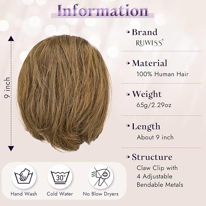 RUWISS Claw Clip Short Human Hair Ponytail Extension with Bendable Metals for DIY Styles Straight Messy Bun Hair Piece for Women Hairpieces for Daily Wear,9 Inch Light Brown Highlighted Dark Brown