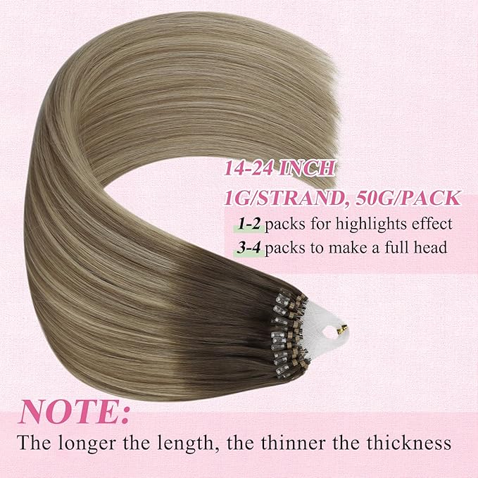 YoungSee Micro Beads Hair Extensions Balayage Micro Loop Hair Extensions Real Human Hair Dark Brown Ombre Brown with Blonde Micro Hair Extension 22In Bead Hair Extension Soft for Wedding 50s/50g