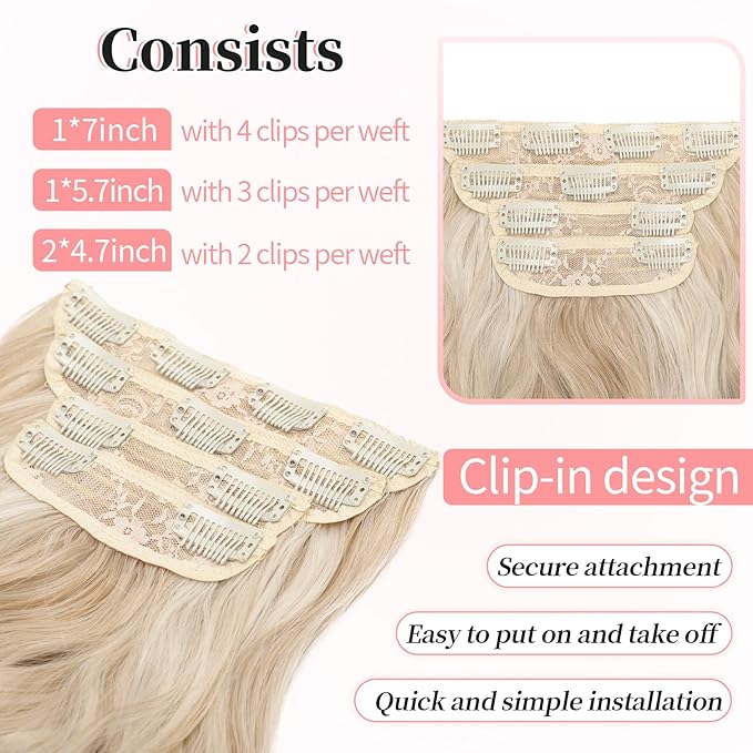 KooKaStyle Clip in Long Wavy Synthetic Hair Extension 20 Inch Pearl Blonde 4PCS Thick Hairpieces Fiber Double Weft Hair for Women