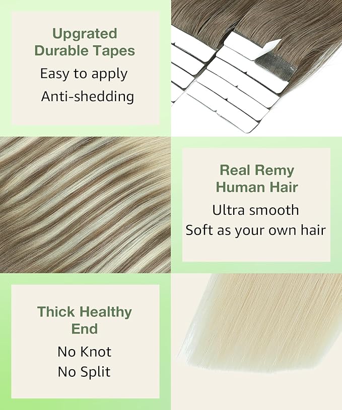 SURNEL Tape in Hair Extensions Ash Brown to Platinum Blonde Tape in Extensions Human Hair 18 inch 20pcs 50g(#8T60-18)