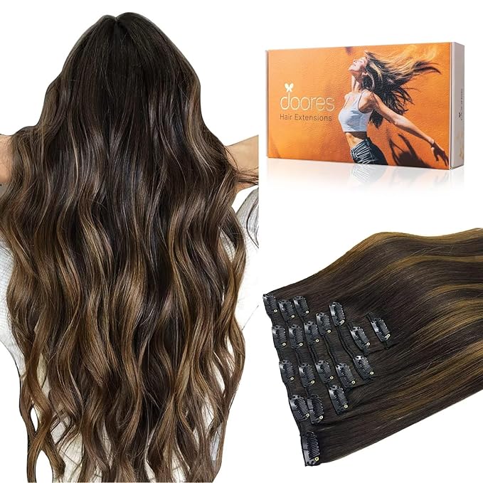 DOORES Remy Human Hair Extensions Clip in Balayage Dark Brown to Chestnut Brown Real Clip in Hair Extensions Straight 120g Thick Natural Hair Extensions 22 Inch 7pcs