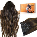 DOORES Clip in Hair Extensions Real Human Hair, Balayage Dark Brown to Chestnut Brown 18 Inch 7pcs 135g, Remy Thick Extensions Clip ins for Women Straight Weft