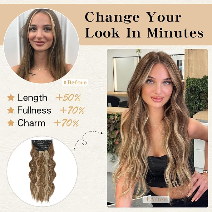 Clip in Hair Extensions, 20 Inch Caramel Brown Mixed Honey Blonde Hair Extensions for Women 4PCS Long Wavy