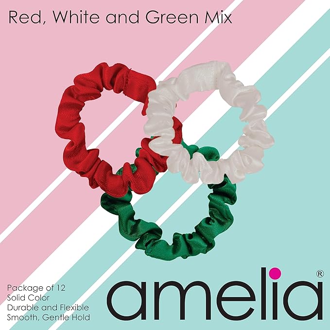 Amelia Beauty, Red, White and Green Satin Small Scrunchies, 12-Pack – No Damage Hair Ties for Women, Gentle & Durable Hair Accessories, 2.5in x 0.5in