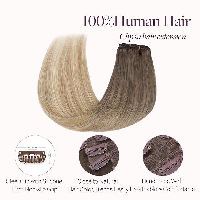 GOO GOO Clip in Hair Extensions Real Human Hair, Remy Human Hair Extensions Clip ins for Women, Natural Human Hair, 20inch 120g 7 Pcs, #9/18J/60 Chocolate Brown to Champagne Blonde Balayage