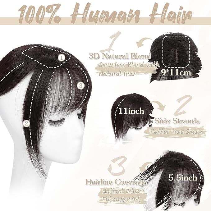 Human Hair Toppers for Women - 150% Density Clip In Hair Topper with Bangs U Shape 10 Inch Toppers Hairpieces for Women Perfect for Thinning Hairr Ideal for Daily Use Brown Black