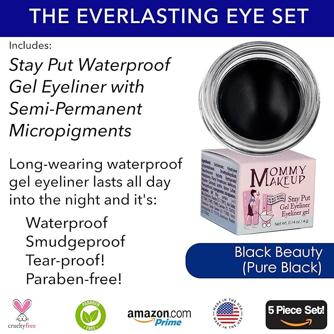The Everlasting Eye 5 Piece Waterproof Makeup Set. Gel Eyeliner, Creme Eyeshadow, 2 brushes and Mesh Bag. Paraben-free, Talc-free, Cruelty-free. Anna/Black Beauty 1201