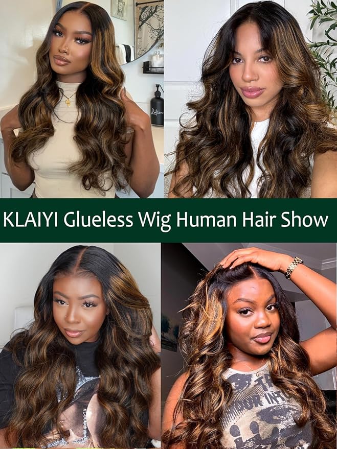 KLAIYI Bye Bye Knots Glueless Wig Ombre Brown Body Wave Pre Cut 7x5 Lace Front Wigs Human Hair Pre Plucked Pre Bleached Pre Everything Wear and Go Wig 12A Highlight Balayage 30S Ready To Go 26Inch