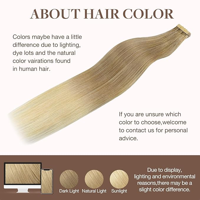 GOO GOO Tape in Hair Extensions Human Hair, O18G/22G(L) Golden Beige Blonde with Ash Highlights, 24inch 50g 20pcs, Skin Weft Seamless Invisible, Silky Straight with Thick Ends, Remy Human Hair