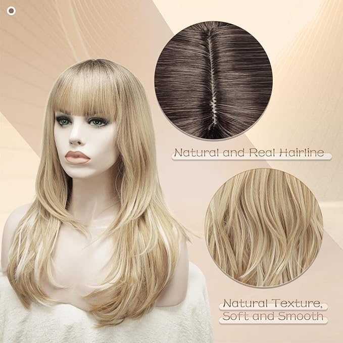 SOFEIYAN Long Straight Layered Blonde with Black Roots Wig with Bangs 24 Inch Synthetic Natural Hair Wig Soft Heat Resistant Long Wigs for Women Daily Party Use