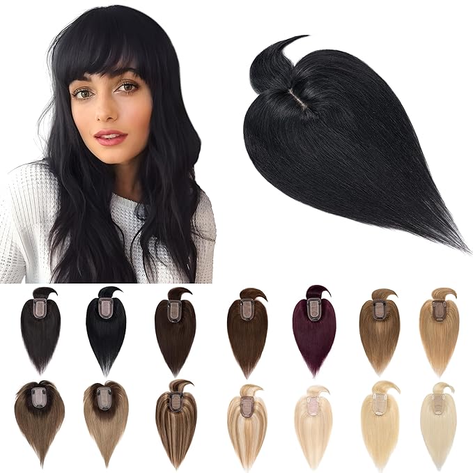 SEGO Hair Toppers for Women Real Human Hair With Bangs, 7 * 13CM Silk Base 100% Remy Human Hair Clip in Top Wiglet Hairpieces Add Volume -6 Inch Jet Black