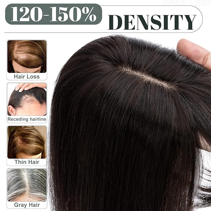 SEGO Hair Toppers for Women Real Human Hair with Thinning Hair, Toppers Hair Pieces Clip in Toppers Straight Hair Pieces with Front Bangs 150% Density Silk Base -6 Inch #1B Natural black