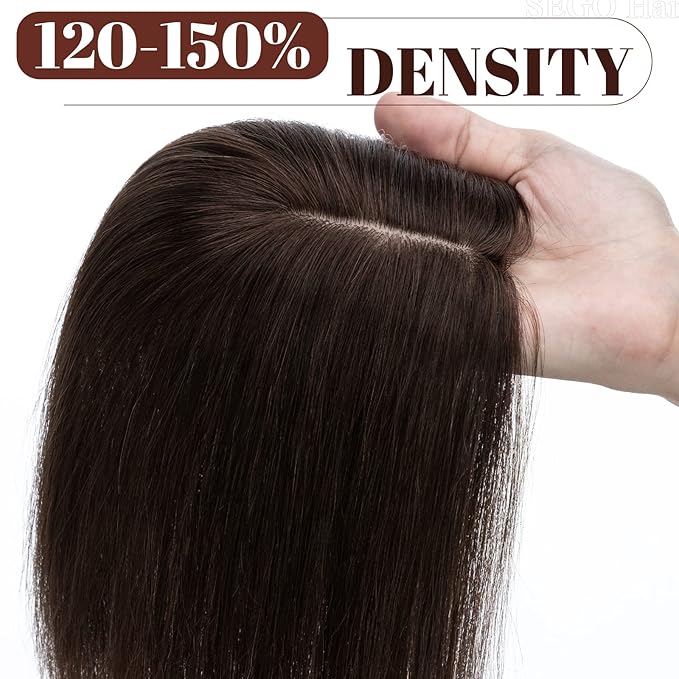SEGO Real Human Hair Topper for Women, No Bangs Hair Topper with Anti-Slip Clips (18 Inches Dark Brown)