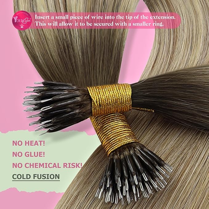 YoungSee Nano Ring Hair Extensions Brown Ombre Nano Bead Hair Extensions Human Hair Brown Ombre Light Brown with Blonde Nano-tip Hair Extension Cold Fusions 18inch for Date Nights 50s 50g
