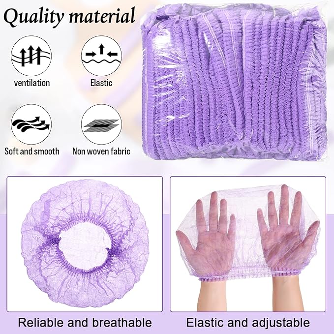 100 Pcs Disposable Nonwoven Bouffant Caps 21 Inch Hair Net Elastic Cap Hair Cover Hats for Beauty Salon Hospital Spa Catering Dust-free Workspace(Purple)