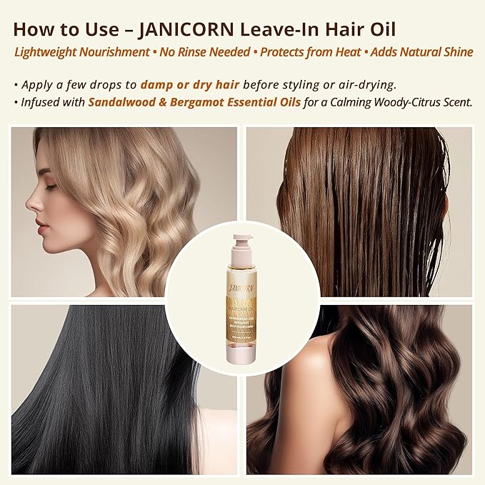 Leave-In Hair Oil – Lightweight Hydration with Jojoba & Argan Oils, Sandalwood & Bergamot Aroma, Smooth Shine & Frizz Control for Fine to Frizz-Prone Hair, 3.4 fl oz / 100 ml