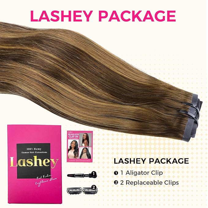 Lashey Seamless Clip in Hair Extensions Human Hair, 16 Inch 110g 7pcs Straight Balayage Chocolate Brown to Honey Blonde with Brown Root Highlight Clip in Hair Extensions for Women