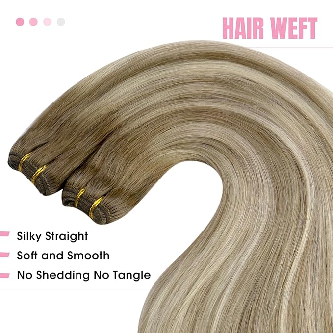 YoungSee Sew in Hair Extensions Real Human Hair Balayage Hair Extensions Weft Light Brown Mix Platinum Blonde Balayage Weft Hair Extension Human Hair for Full Head 20Inch 100G