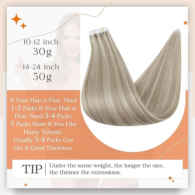 Full Shine Tape ins Human Hair Extensions Color 18 Ash Blonde Highlight 613 Blonde Tape in Hair Extensions 24Inch Invisible Remy Skin Weft Add Length 40Pcs 100Gram Soft Silky