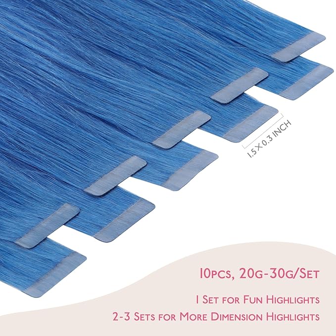 WENNALIFE Tape in Hair Extensions Human Hair Blue Tape in Extensions, 10pcs 30g 26 inch Remy Invisible Tape Ins Straight Colored Soft Real Human Hair Tape in Extensions Refill Set Extensions