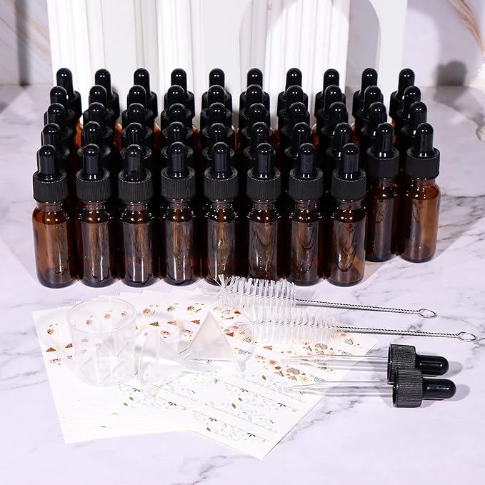 48 Pack 1/2 oz (15ml) Amber Glass Bottles with Glass Eye Droppers for Essential Oils, Perfumes & Lab Chemicals (Brush, Funnels, 2 Extra Droppers, Labels & Measuring Cup Included)