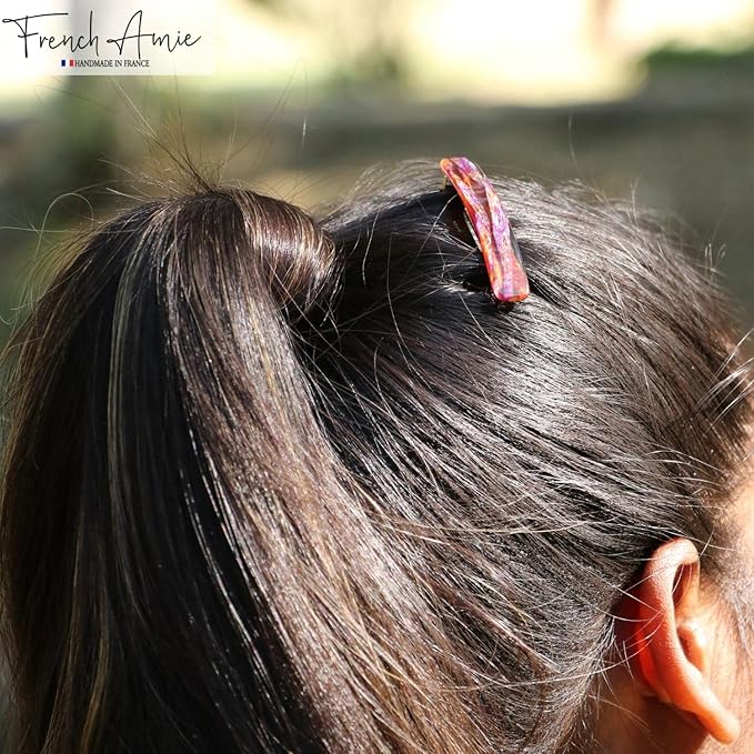 French Amie Small 2 1/4 inch Celluloid Handmade Hair Barrette No Slip Grip Durable Styling Women Hair Accessories Hair Clip for Girls, Made in France(Purple Touch)